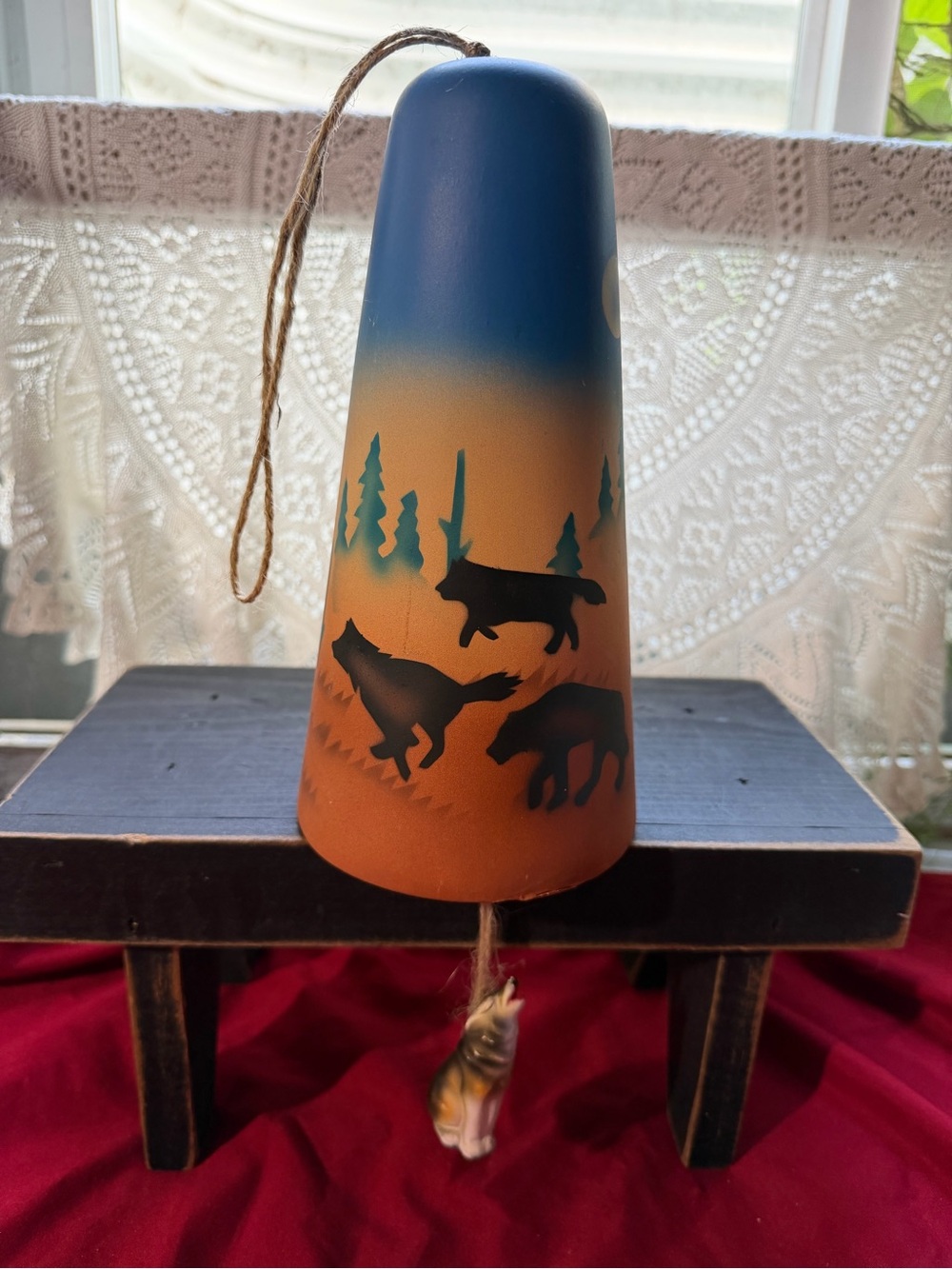 Rustic Blue and Orange Wolf Scene Ceramic Bell - Brand Unspecified